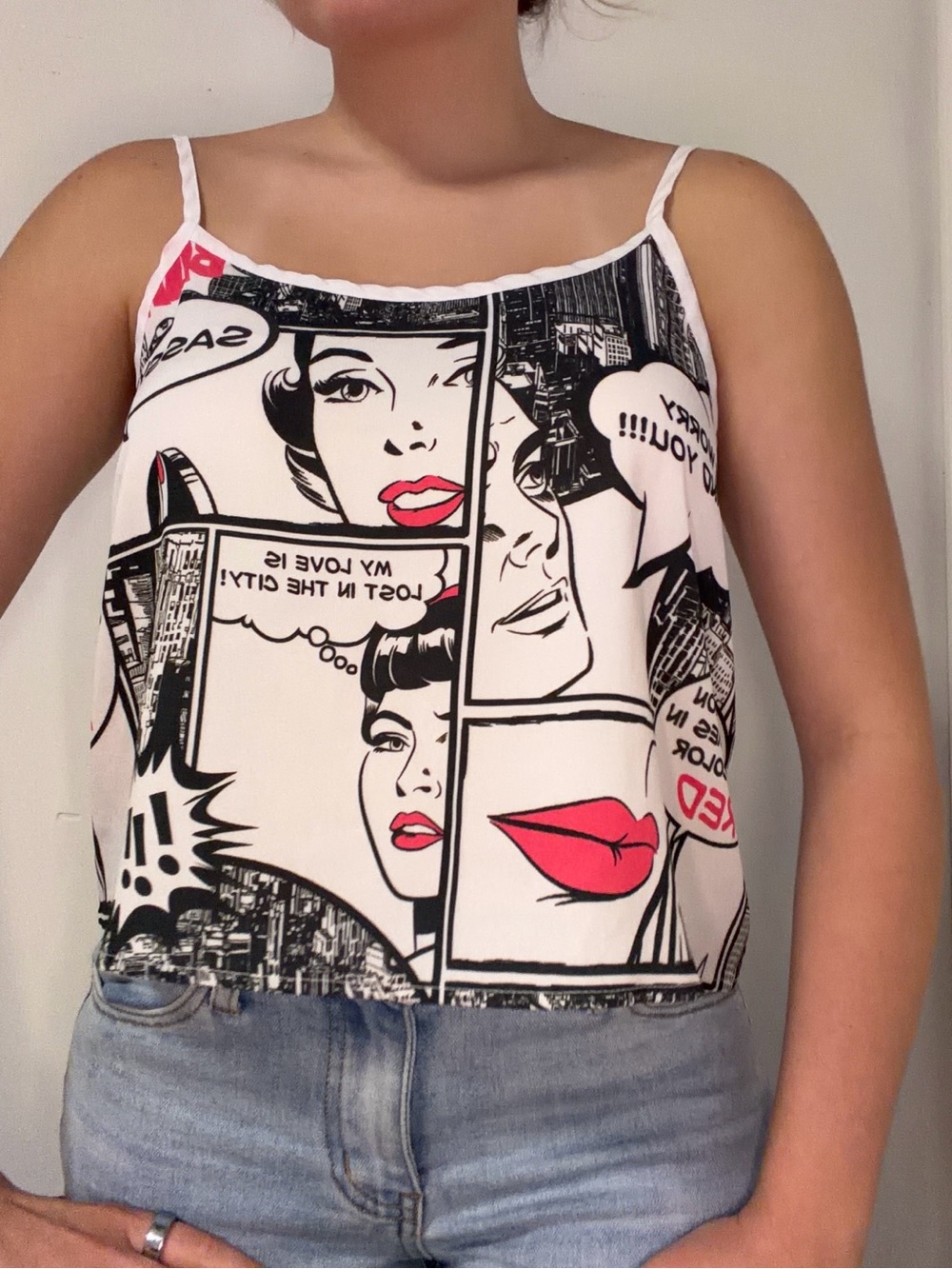 Y2K Wetseal Graphic Comic-Panel Spaghetti Strap Top